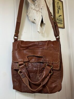 Lucky Brand Abbey Road Leather Crossbody Boho Brown Distressed Convertible Bag